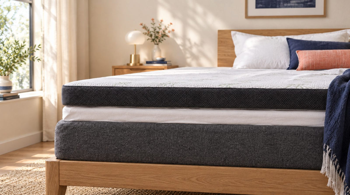 Vista laterale di un letto con materasso, sottile sovramaterasso e topper come strato superiore