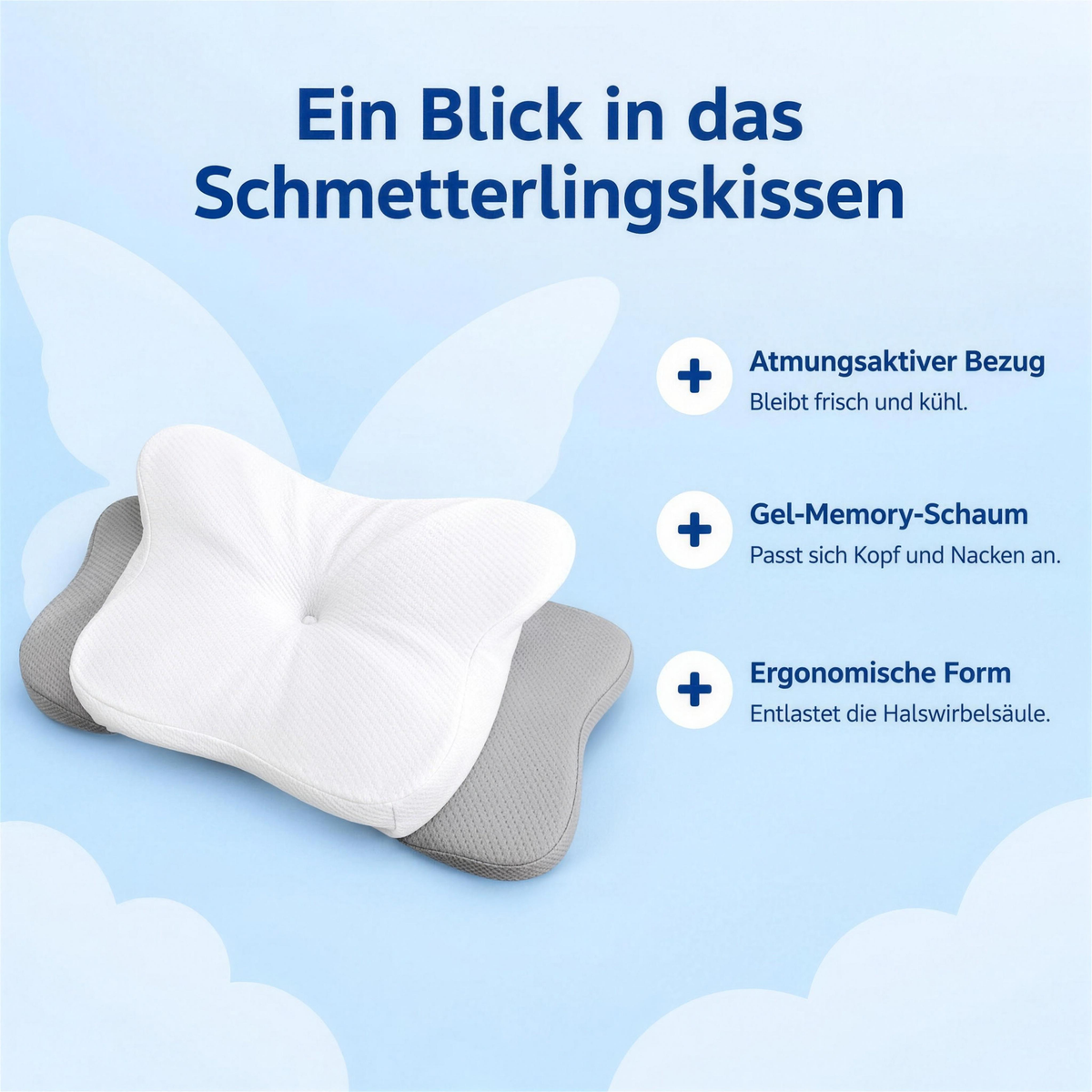 Ein Blick in das Schmetterlingskissen – atmungsaktiver Bezug, Gel-Memory-Schaum, ergonomische Form