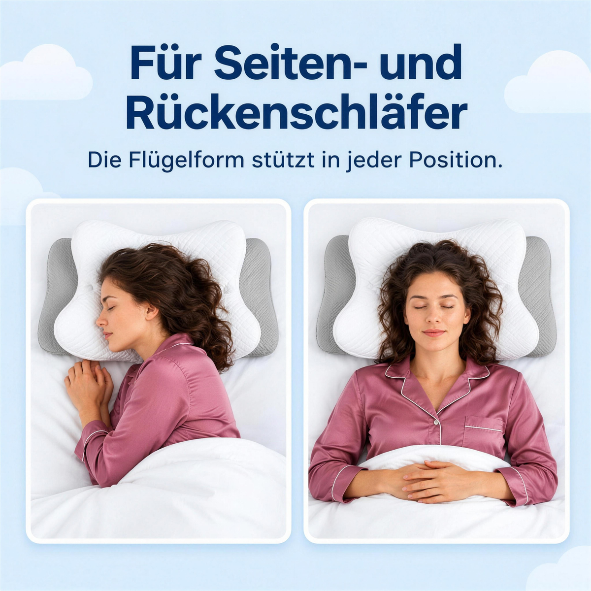 Für Seiten- und Rückenschläfer – die Flügelform stützt in jeder Position