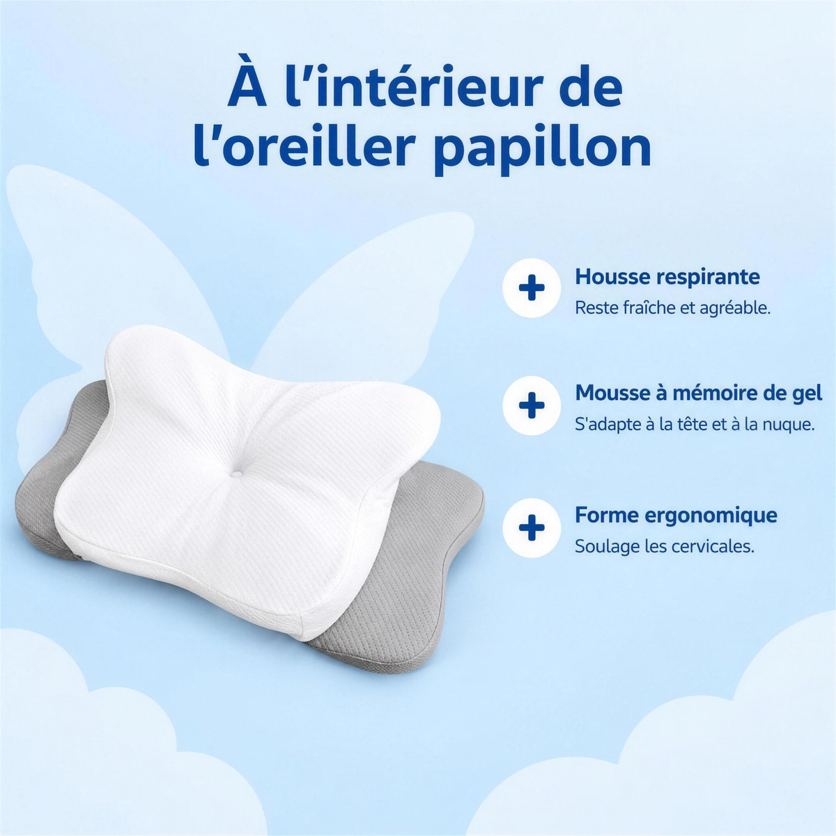 À l'intérieur de l'oreiller papillon – housse respirante, mousse à mémoire de gel, forme ergonomique