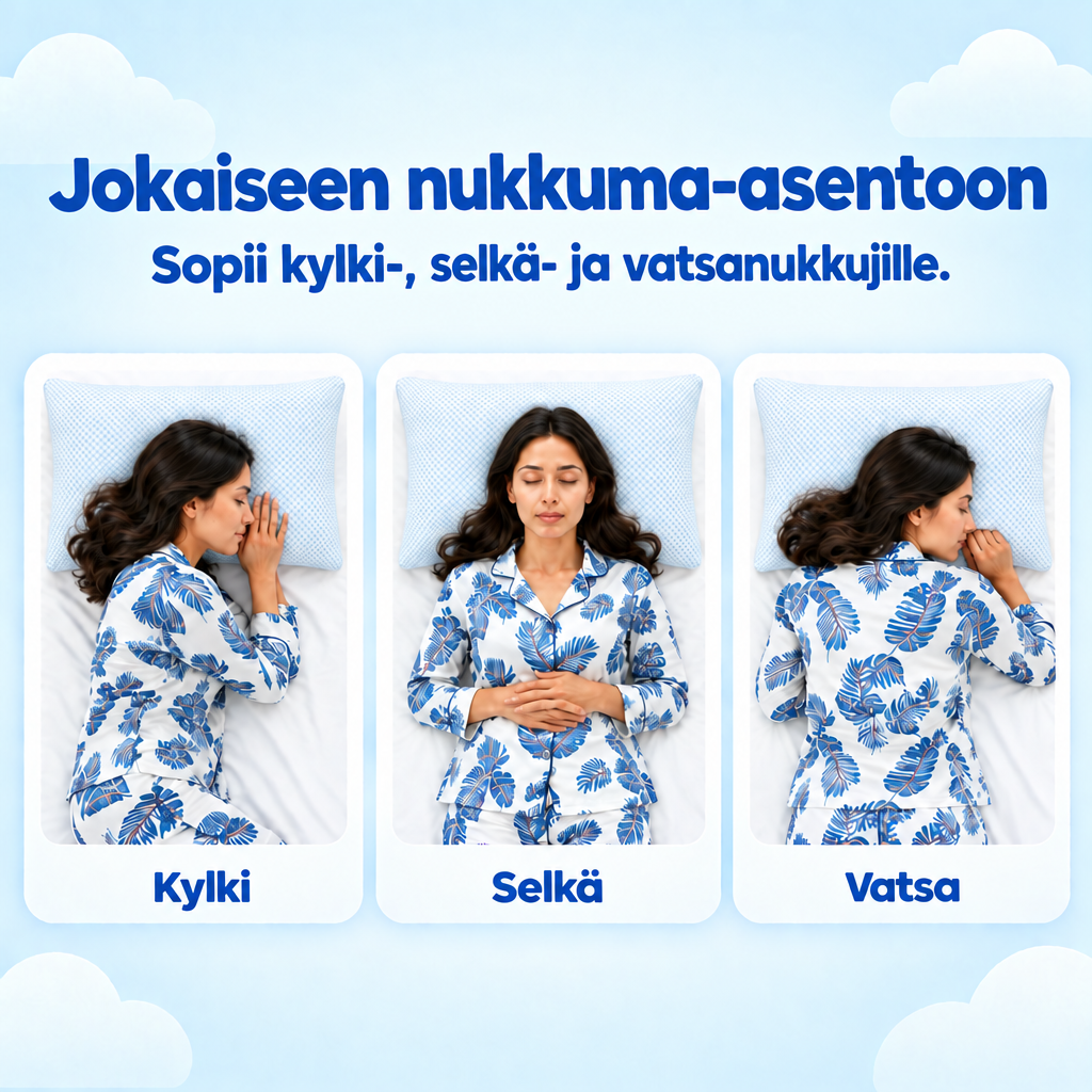 Jokaiseen nukkuma-asentoon - sopii kylki-, selkä- ja vatsanukkujille