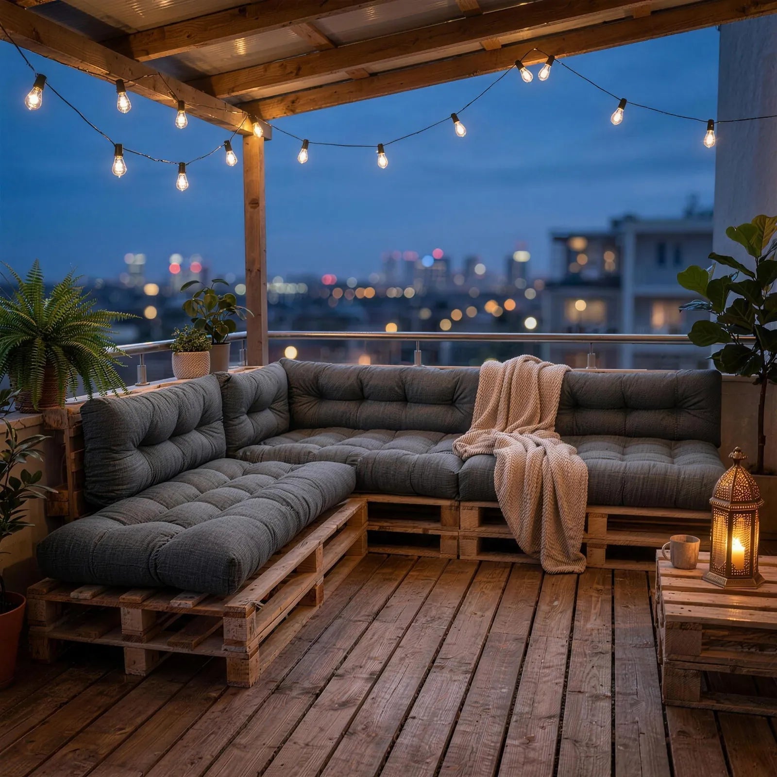 Premium Palettenkissen auf dem Balkon – kompakte Sitzecke