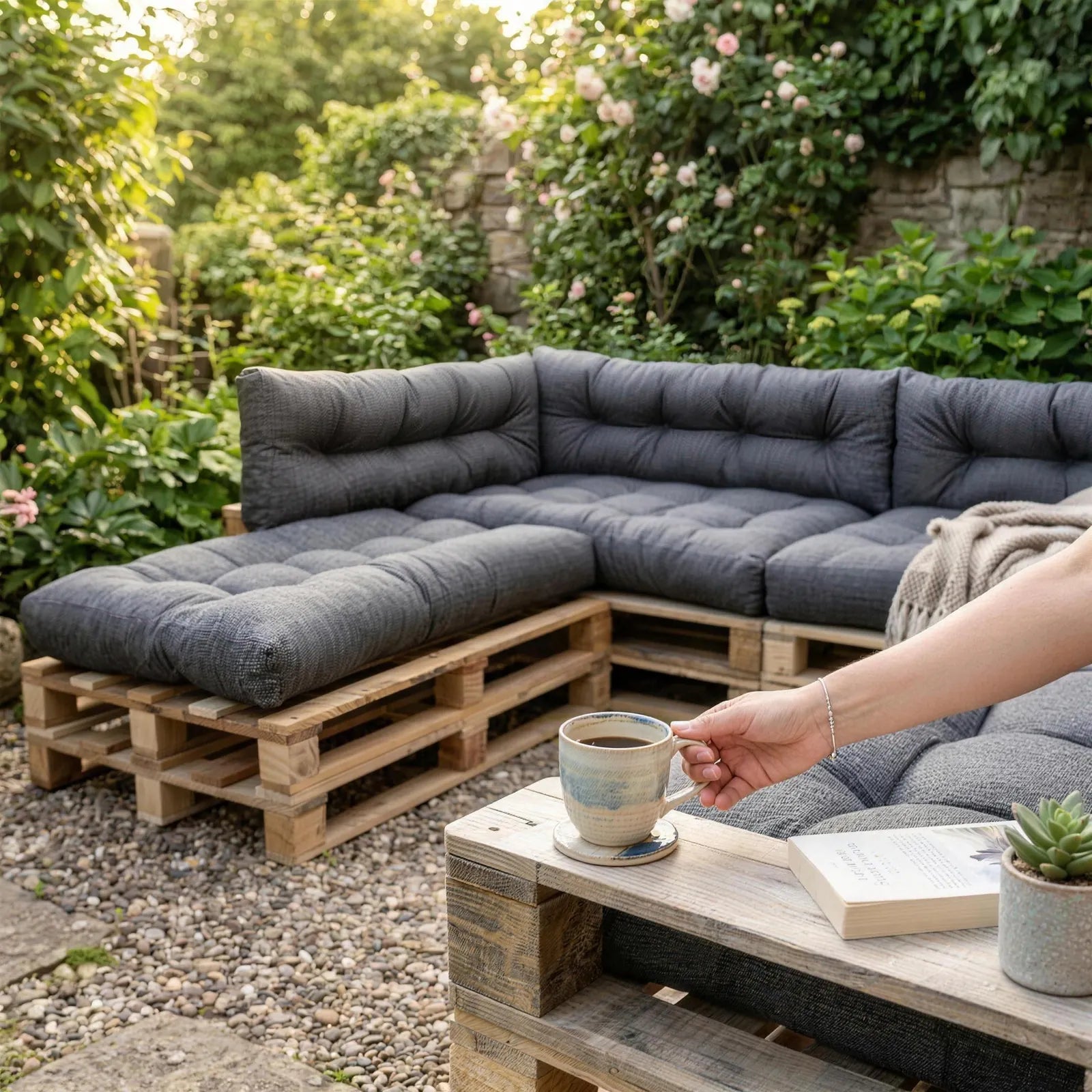 Premium Palettenkissen im Garten – Outdoor Sitzecke auf Europalette